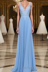 A-Line/Princess Spaghetti Straps Floor-Length Chiffon Evening Prom Dresses With Appliques Lace